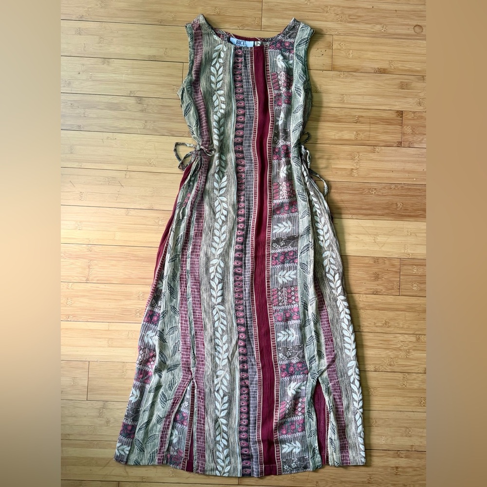 Boho Patchwork Rayon Maxi Dress – 90s Y2K Earthy Cottagecore Tie-Side Dress